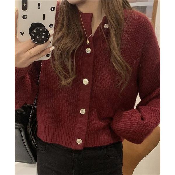 カーディガン クルーネックワッフルニットカーディガン レディース