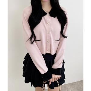 カーディガン フェザー襟配色ニットカーディガン レディース