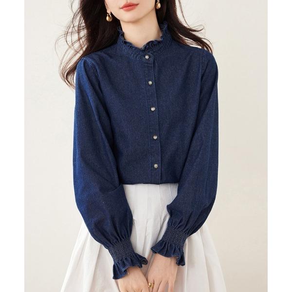 ブラウス シャツ フリル付きデニムブラウス レディース