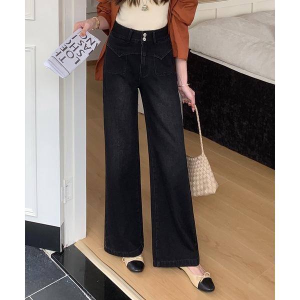 ジーンズ デニム デニムパンツ 「大きいサイズ有/ダブルボタン/ハイウエスト/ウォッシュ加工」美脚カ...