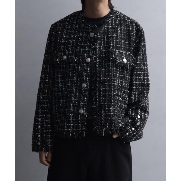 ジャケット ノーカラージャケット ツイードカットオフフリンジ シルバーボタンショートノーカラーブルゾ...