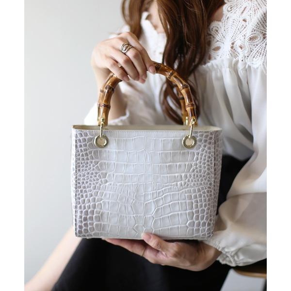 ハンドバッグ 「mieno」クロコダイル 型押しハンドバッグ バンブーハンドル