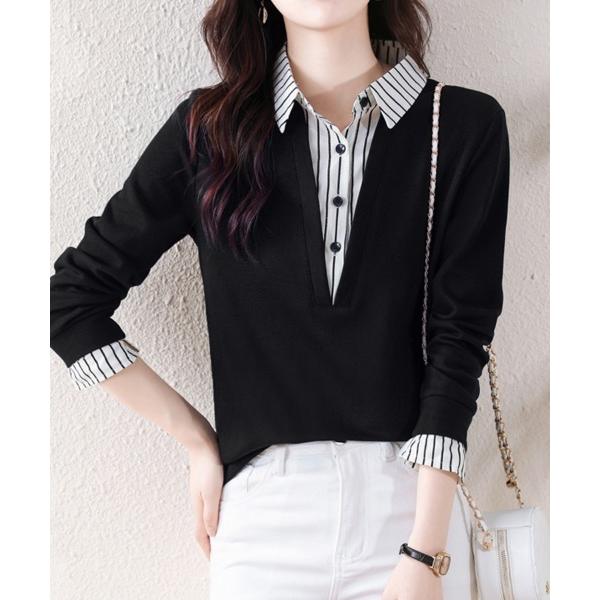ブラウス シャツ ストライプシャツ×プルオーバードッキングトップス レディース
