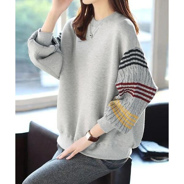 トレーナー スウェット 配色ライン×ギャザー袖スウェット レディース