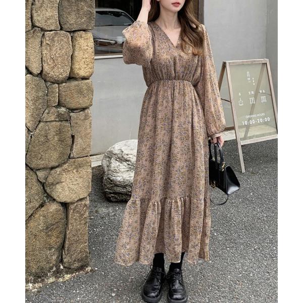 ワンピース 小花柄ウエストギャザーワンピース