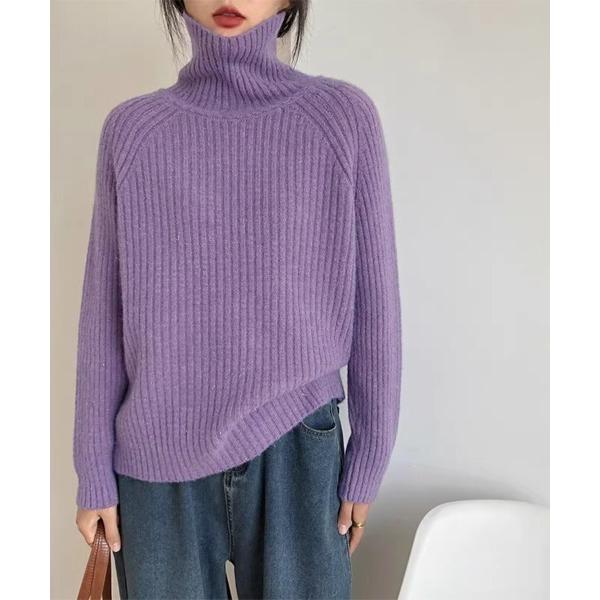 ニット セーター 厚手リブ編みハイネックニット レディース