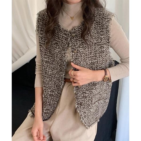 ベスト ジレ ツイード調フリンジレイヤードベスト レディース