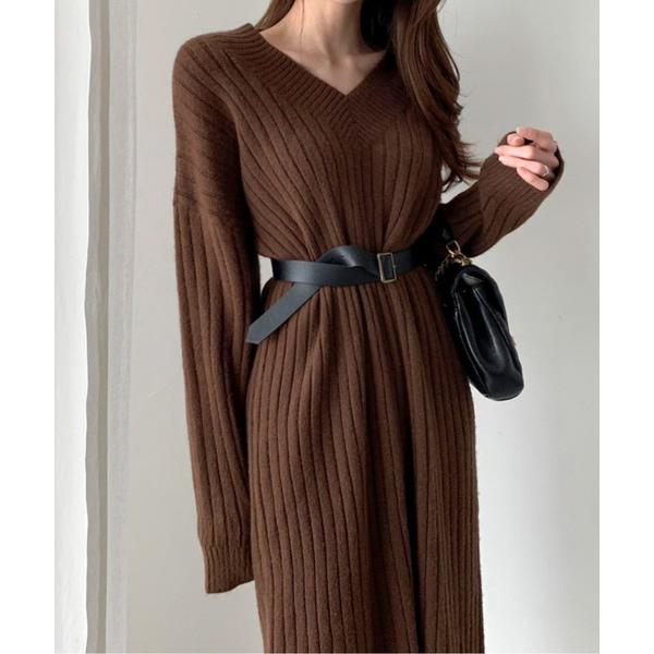 ワンピース Vネックリブニットワンピース