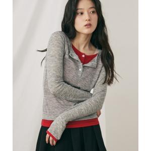 tシャツ フェイクレイヤードシアーヘンリーネックロンT レディース