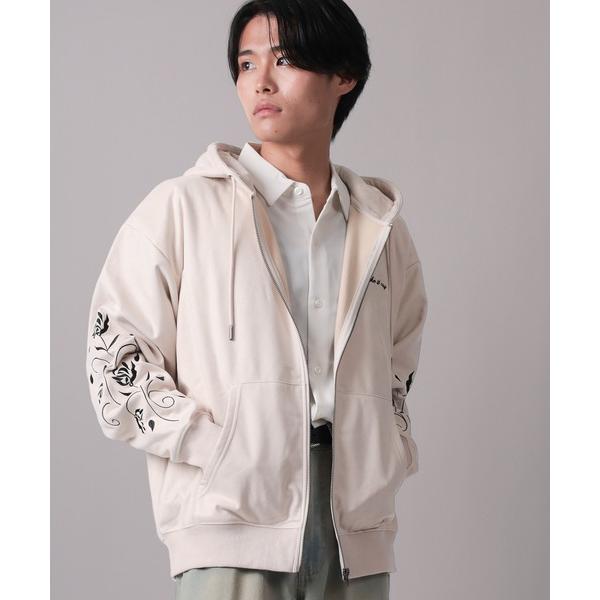 パーカー 「70」カットスウェード フラワー袖刺繍 裏起毛 ジップパーカー メンズ レディース