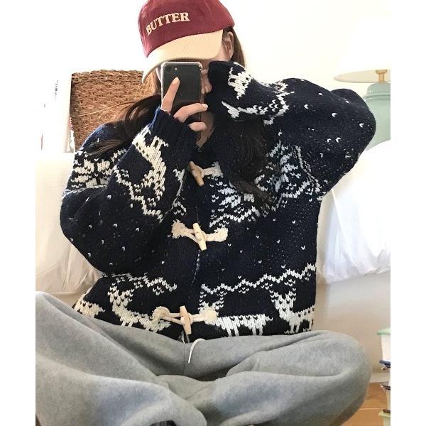 カーディガン トグルボタンノルディック柄襟付きニットカーディガン レディース