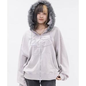 パーカー 「13」オーバルロゴ アップリケ フードファー フルジップパーカー レディース メンズ