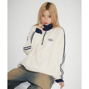 トレーナー スウェット オーバーサイズハーフジップ フリース／スウェット プルオーバー 配色 ブランドロゴ ワンポイント刺繍　パイピング　テック　サイ