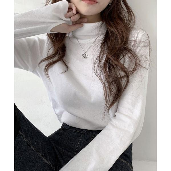 tシャツ ハイネック フィンガーホール リブカットソー レディース