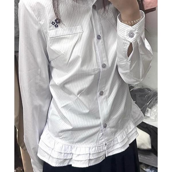 ブラウス シャツ YUGA　フリル裾ストライプトップス レディース