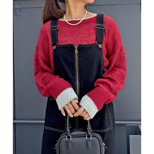 ニット セーター 「ISOOK / アイスー」アクリルモヘア配色レイヤードニット / カラーニット セーター プルオーバー 長袖 バイカラー 配色トッ