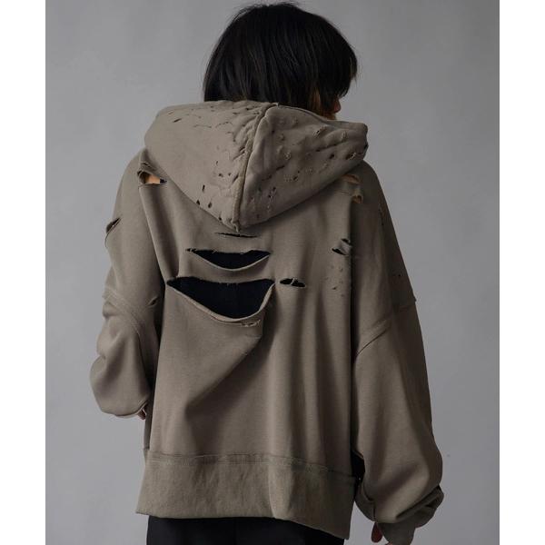 パーカー Brushed Fleece Distressed Finish Zip-Up Hoodi...