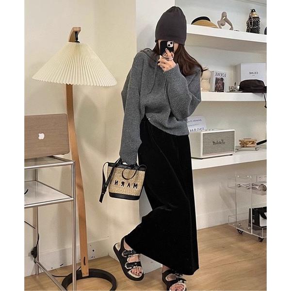 パーカー リブニットジップアップフーディー レディース