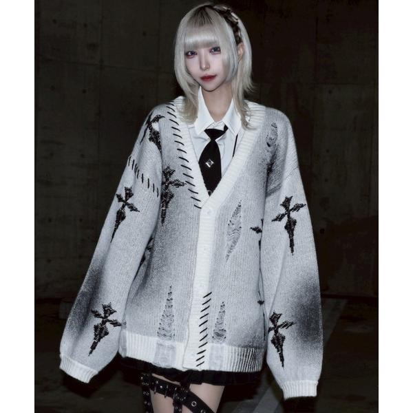 カーディガン 「REFLEM/レフレム」顔料加工クロス総柄ニットカーディガン レディース メンズ