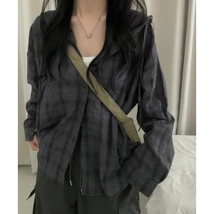 ブラウス シャツ 「lulufa」ルーズフードチェックシャツ/韓国 ストリート(CZ) レディース