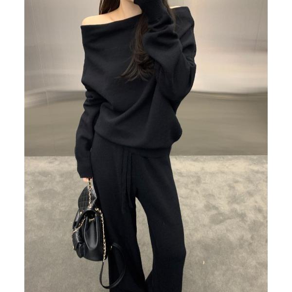 セットアップ ボートネックニットトップス＋パンツセットアップ レディース