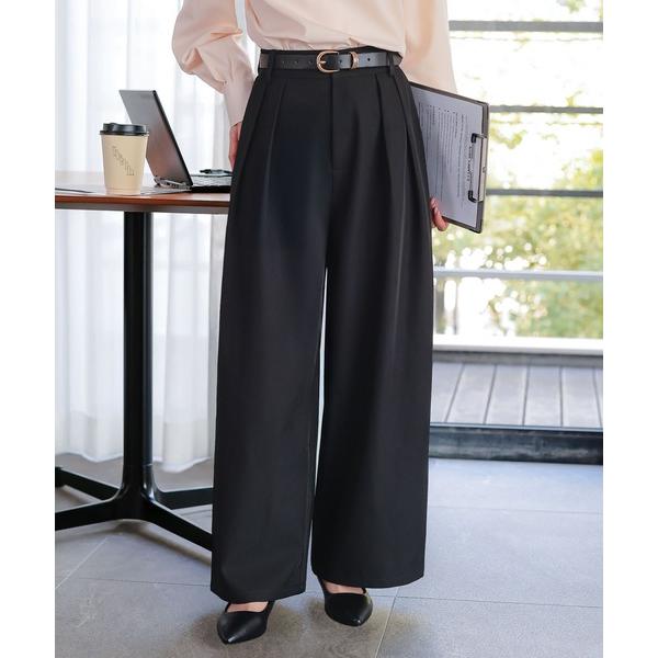 スラックス パンツ 「 オフィスカジュアル 」 「 低身長向けサイズ 」 2タックワイドパンツ レデ...