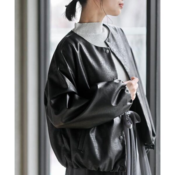 ブルゾン アウター 合皮ノーカラーバルーン袖ブルゾン レディース