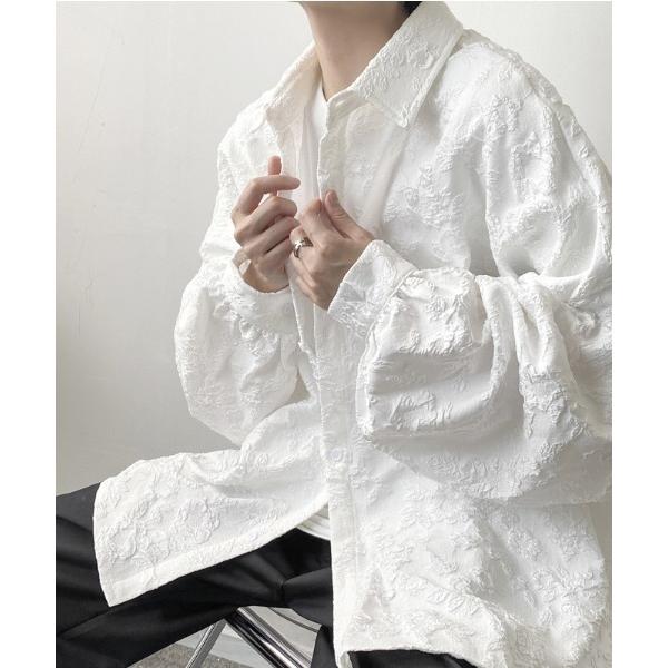 ブラウス シャツ フラワー エンボス ロングスリーブ シャツ レディース メンズ