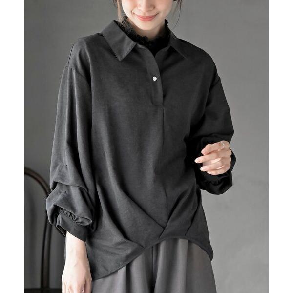 ブラウス シャツ 変形袖タックピーチ起毛スキッパーブラウス レディース