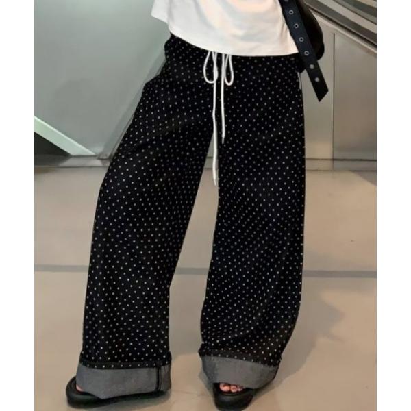 パンツ ドット柄ロールアップワイドパンツ レディース