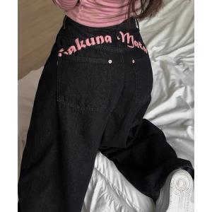 パンツ バック英字デザインルーズデニム レディース
