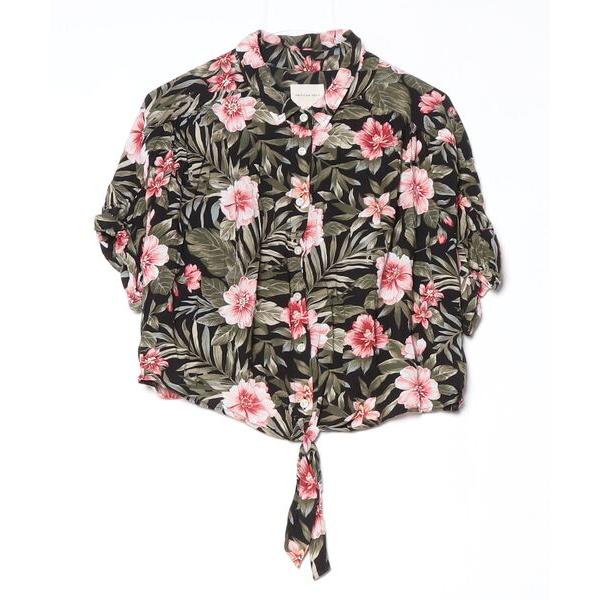 「American Eagle」 花柄半袖シャツ L ブラック レディース