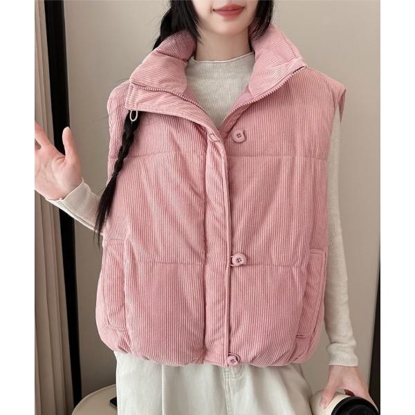 ベスト ジレ 変形ボタンデザイン コーデュロイ中綿ベスト レディース