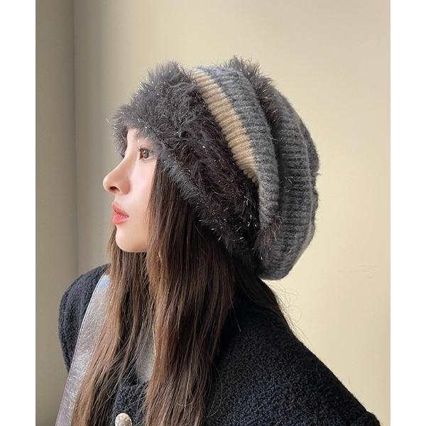 ニット帽 ニットキャップ シャギーマルチボーダービーニー レディース