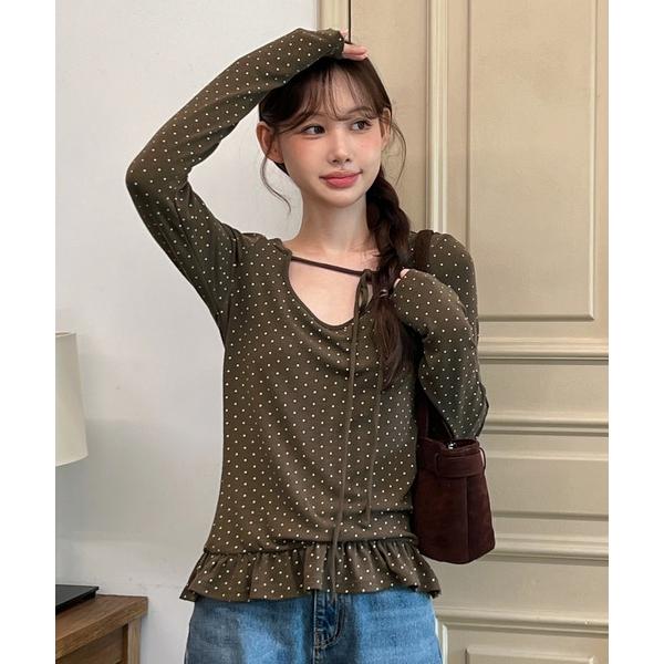 tシャツ 「着用動画あり・3色展開」ドットリボンフリルTシャツ レディース