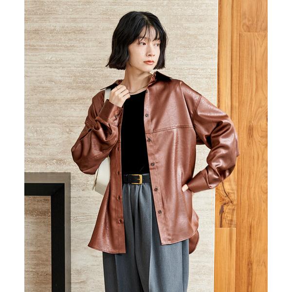 ブラウス シャツ チンツ加工 光沢シャツ/レザーライクシャツ レディース