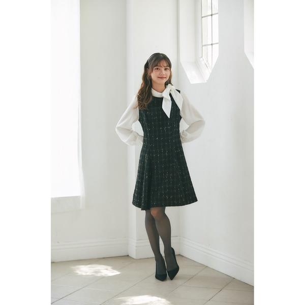 ワンピース サイドリボン付きツイードドッキングミニワンピース