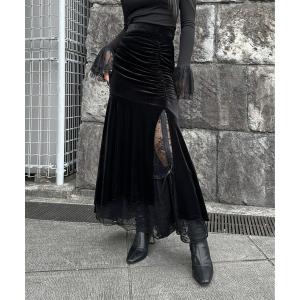 スカート 「LVEU.」シャーリングベロアマーメイドスカート / ボトムス スカート ベロア スリット マーメイド スリット シャーリング フレア ブ