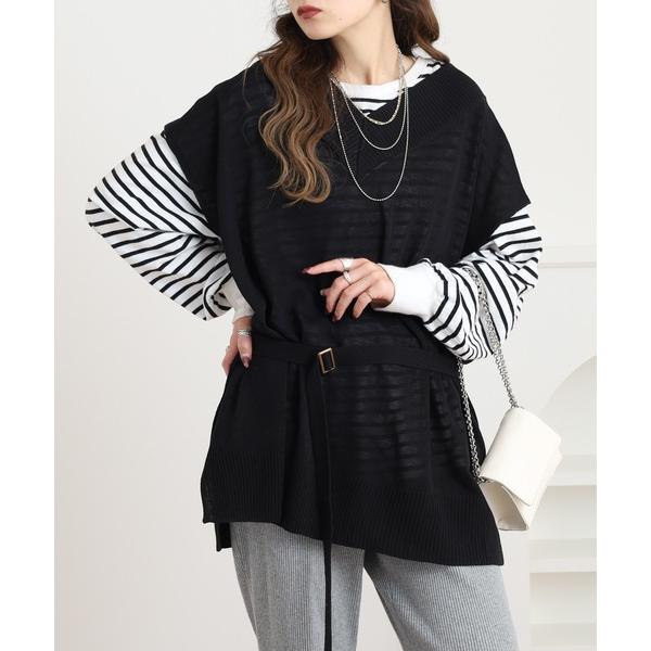 ベスト ジレ NARNAD 無地ベルト付きニットベスト レディース