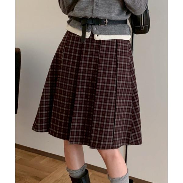 スカート チェック柄ミディ丈プリーツスカート