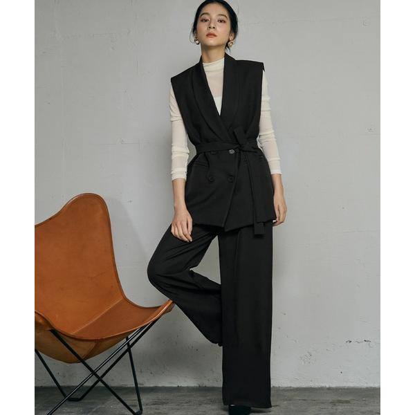 パンツドレス テーラードジレ ベスト リボンベルト インナーブラウス シアー ワイドパンツ ロング ...