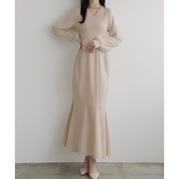 ワンピース Vネックシアースリーブマーメイドワンピース