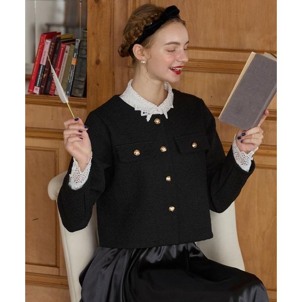 ジャケット ノーカラージャケット 「BONLECILL noir」ゴールドボタンノーカラーツイードジ...