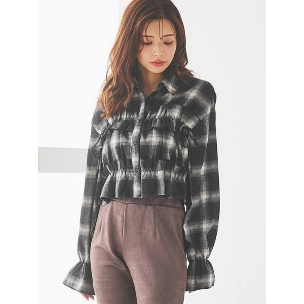 ブラウス シャツ チェック柄フリルショート丈シャツ レディース