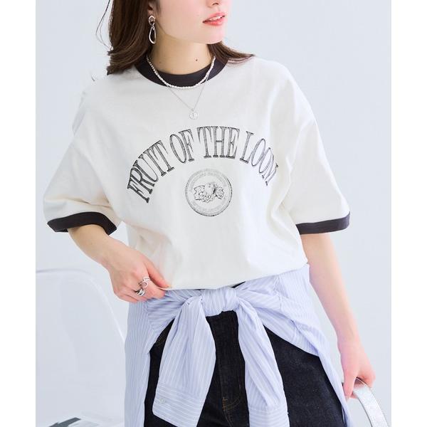 tシャツ 「FRUIT OF THE LOOM」ヴィンテージ風　リンガーTシャツ　袖ワッペン レディ...