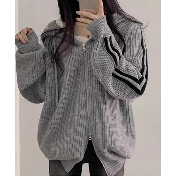 パーカー ラインスリーブ ニットジップパーカー レディース