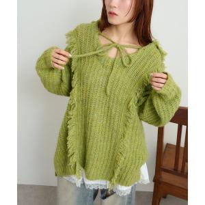 ニット セーター フード付フリンジMIXニット レディース