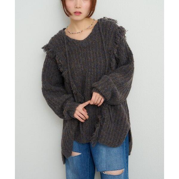 ニット セーター フード付フリンジMIXニット レディース
