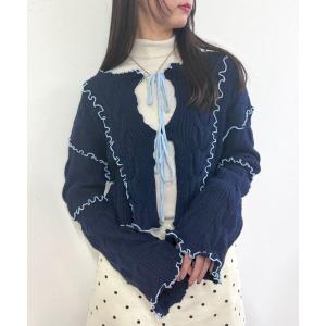 カーディガン 配色メロウケーブルリボンカーディガン レディース