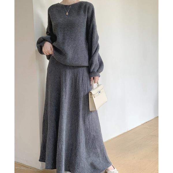 ニット セーター セットアップ ボートネックドロップショルダーニット＆ニットロングスカート 2点セッ...